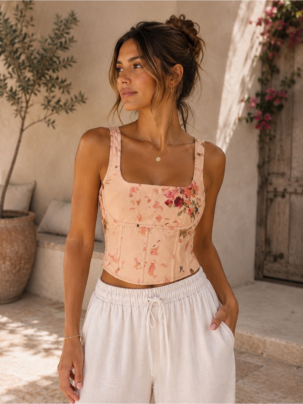 Marciano by Guess Peach and Pink Corset Floral Crop Top